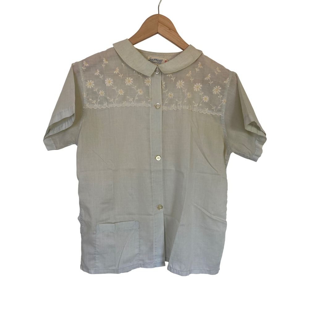 Lady McKnight Vintage 60s Mint Green Embroidered Floral Blouse Short Sleeve 36